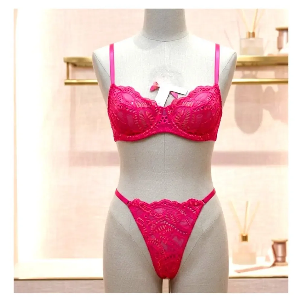 Victoria's Secret Y2K Coquette Pink Gold Crystal Lace Bra Set 36B Thong Large